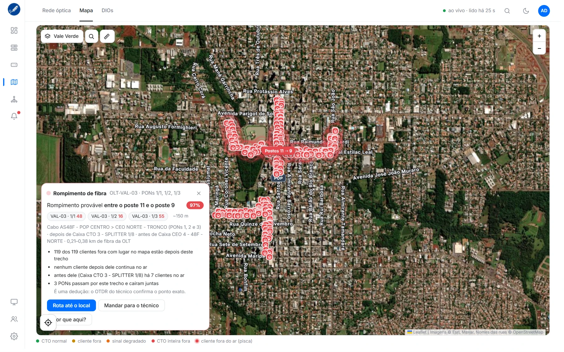 Mapa com o trecho provável do rompimento entre dois postes e o quadro Por que aqui?